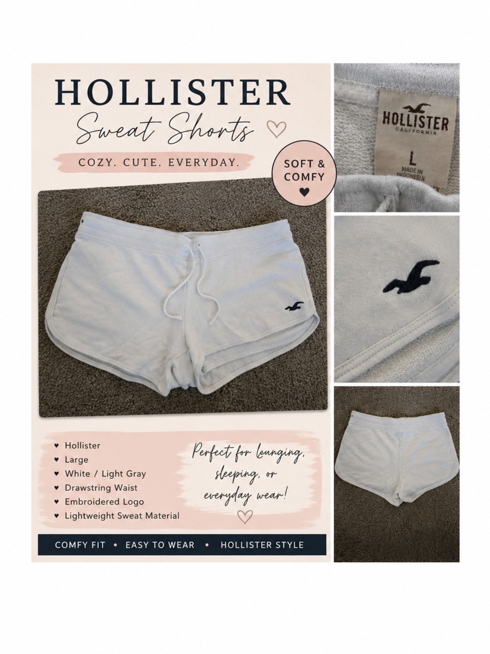 Hollister White Sweat Shorts with Drawstring. Size L
